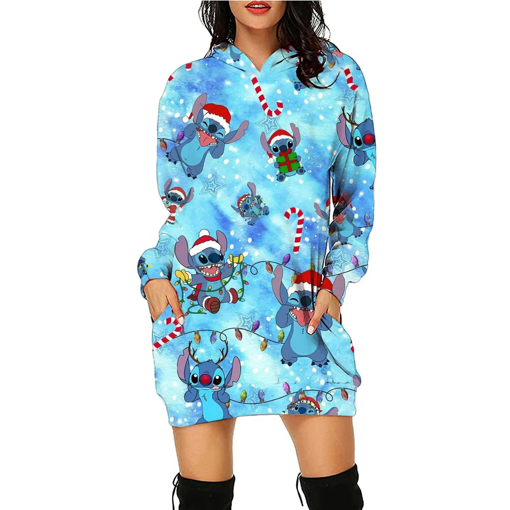 Disney Stitch Kawaii damskie bluzy z kapturem sukienka moda damska wysokiej jakości 2024 Streetwear młodzieńcza kobieta ubrania świąteczne sweter