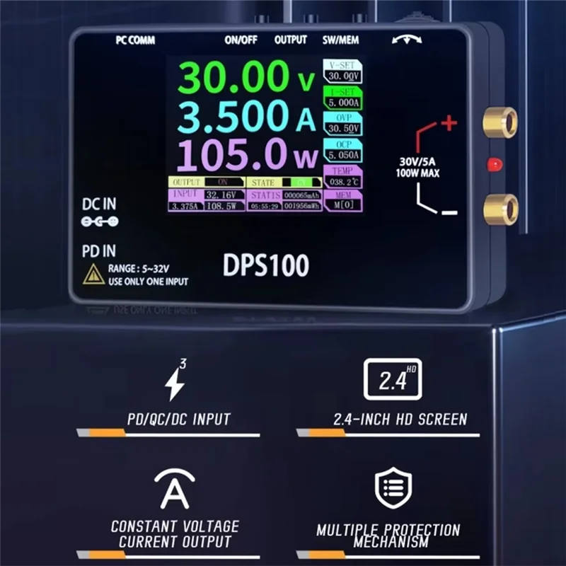 

B04B-DPS100 Портативный источник питания постоянного тока, 30 В, 5 А, выход 100 Вт, цифровой регулируемый стабилизированный источник постоянного тока с ЧПУ, вход постоянного тока типа C