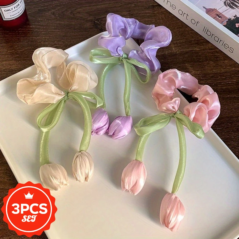 

3Pcs/set New High Temperament Tulip Large Intestine Hair Tie with A High-end and Sweet Feel, Hair Elastic with A Ponytai