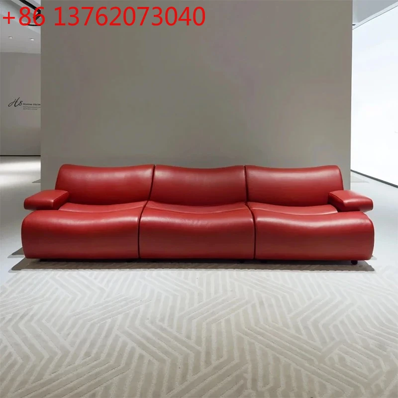 

French small apartment first layer cowhide retro leather sofa red