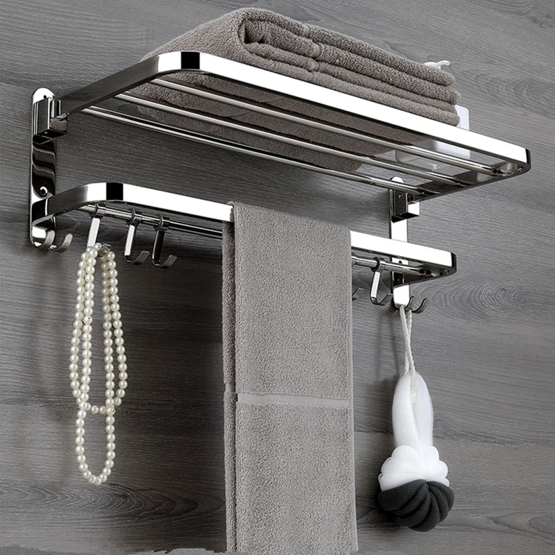 Folding Movable Bath Towel Shelf Stainless Steel Polished Bathroom Towel Rack Holder Storage Shelf Hook Accessories WF