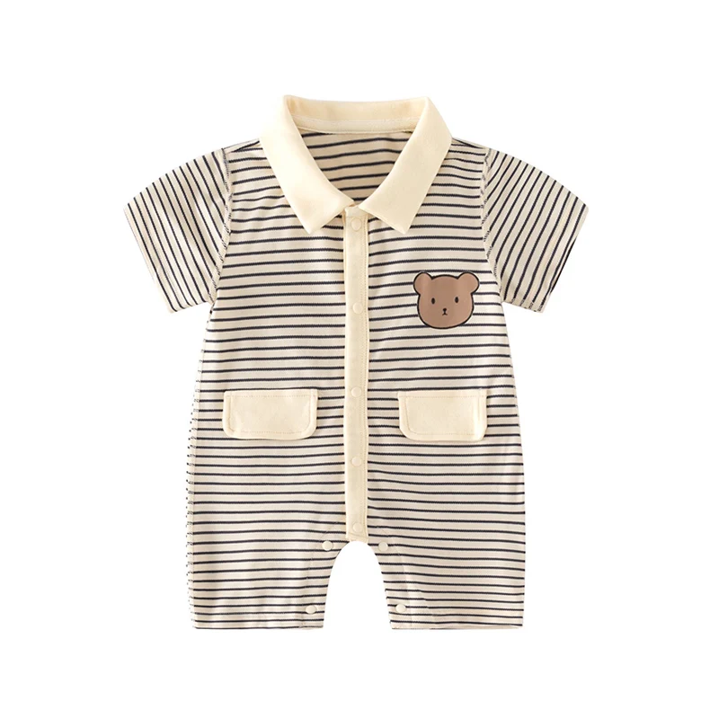 Baby summer one-piece stripesd pure cotton short-sleeved rompers for men and women, fashionable and versatile harem clothes