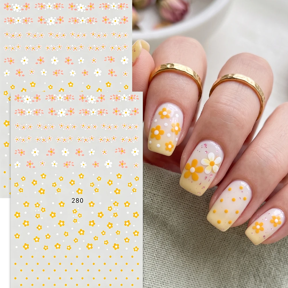 2Pcs Nail Stickers Set Black White Polka Dots French Floral Decals Yellow Pink French Flowers Adhesive Decorations DIY Manicure