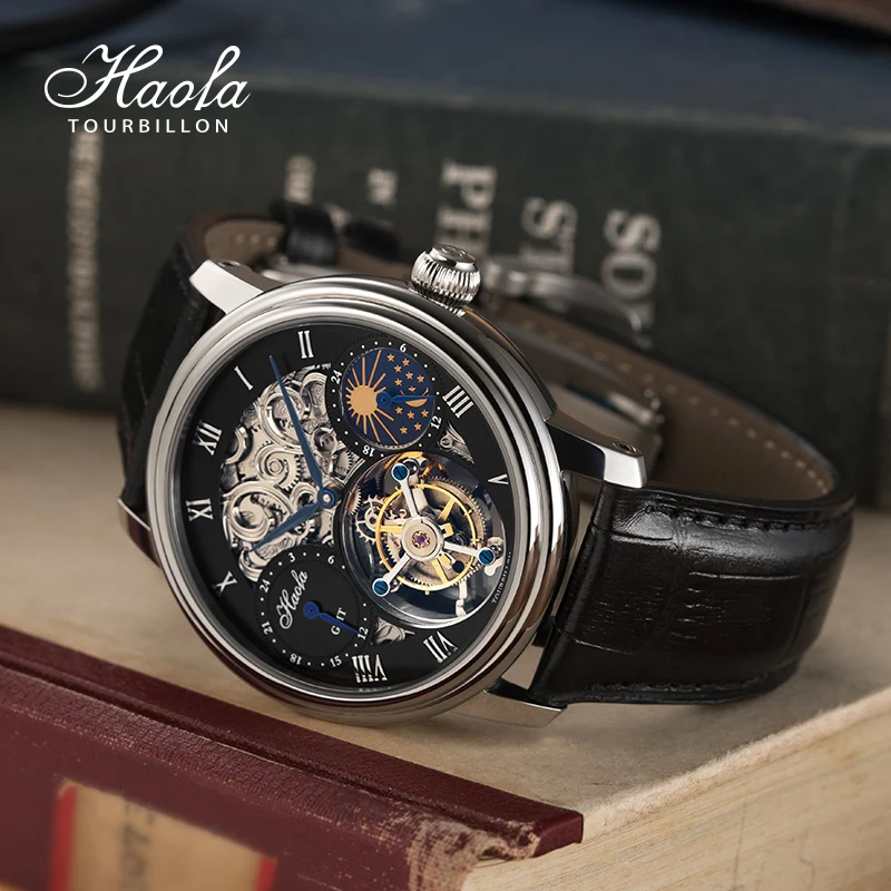 Haofa GMT Tourbillon Movement Wristwatch for Men Skeleton Luxury Moonphase Mechanical Sapphire Mens Watches Business Casual 1028