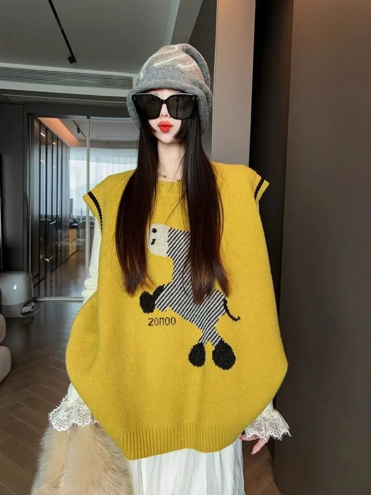 Koreańska żółta dzianinowa kamizelka z podszewką, damska odzież wierzchnia na jesień i zimę, modna kamizelka z poduszkami na ramiona, ciepły top.