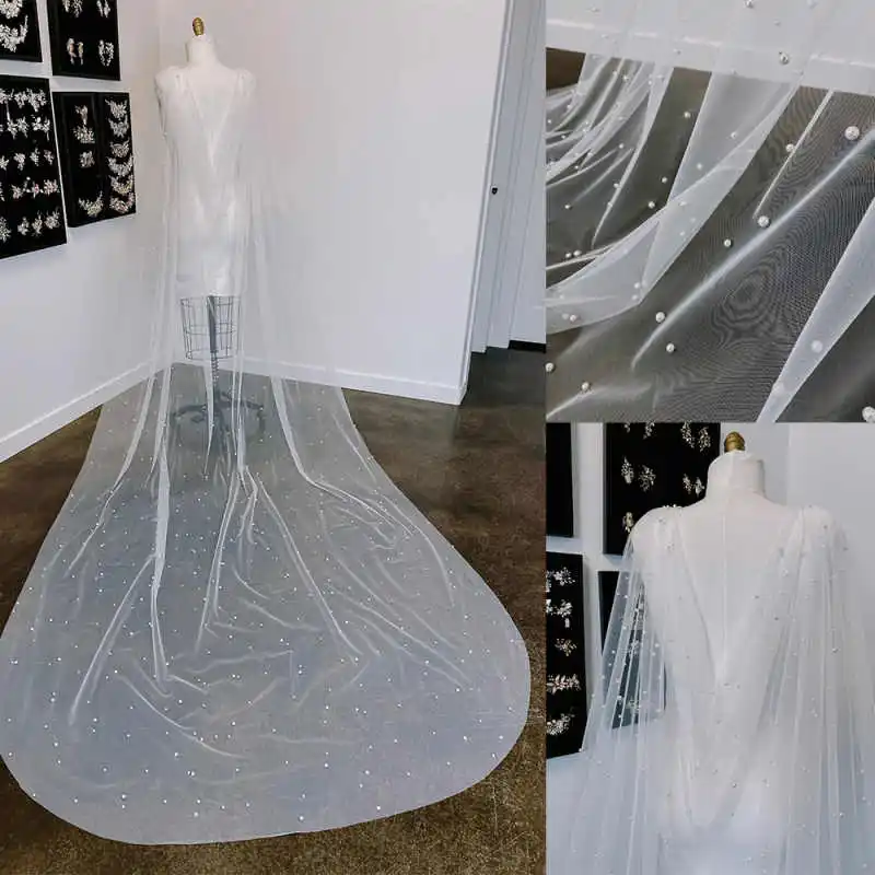 

Elegant Pearls Bridal Cape White Ivory Lace Long Bride Wrap For Strapless Bride Dress Wedding Accessories Customized