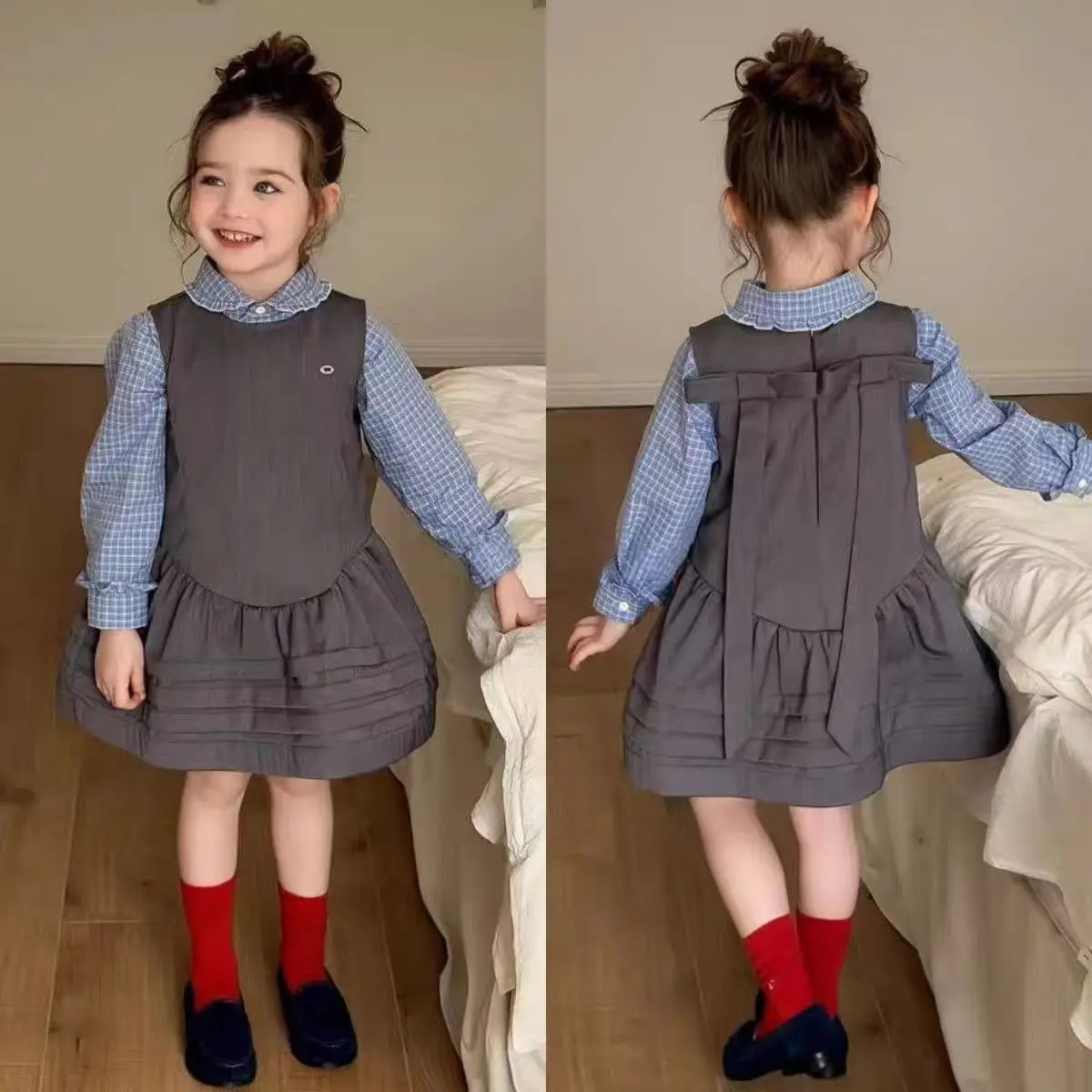 2026 Spring and Autumn New Girl Children's Casual Clothing Checkered Western Lace Sleeveless Tank Top Dress 2 Piece Set