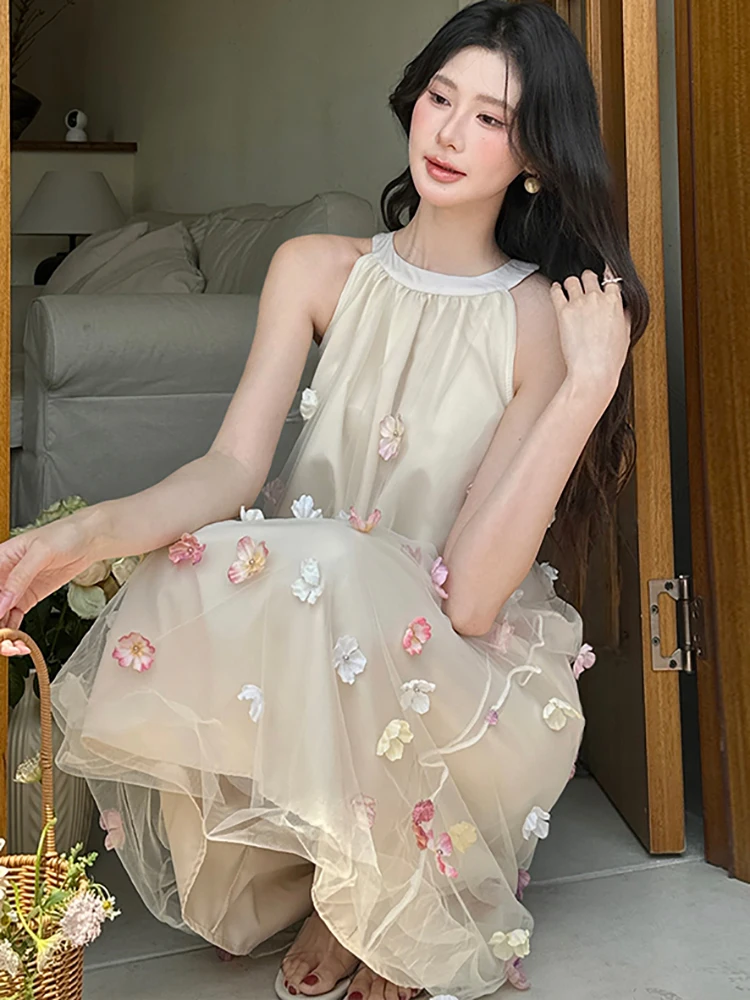Women New Mesh Appliques Chic Neck-mounted Midi Dress Summer Boho Elegant Loose Waist Casual Dress 2025 Korean Luxury Prom Dress