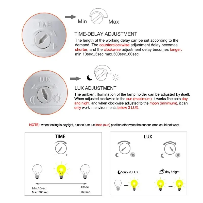 Motion Sensor Detector PIR Light Switch E27 Infrared Detection 100-240V Lamp Converter Base Holder Lux Time Delay Adjust Control