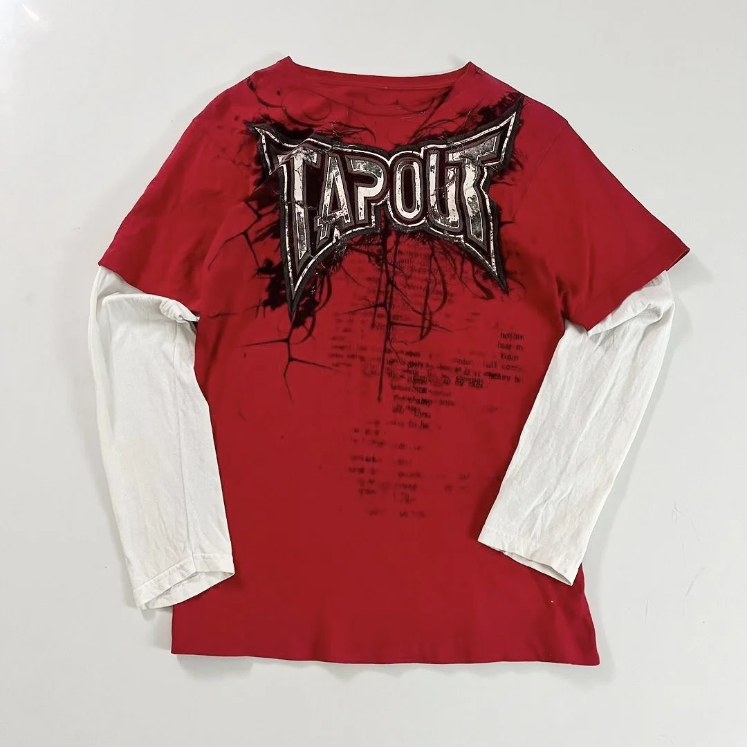 Y2K herfst en winter nieuw gotisch shirt rood ronde hals super lange mouw casual retro straatkleding grafische T-shirts vintage