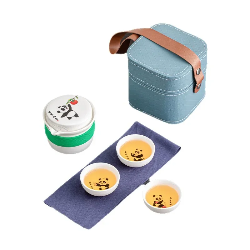 Creative Panda Mutton Fat Jade White Porcelain Travel Tea Set Outdoor Small Gaiwan Bowl Set Portable Quick Cup Business New Gift