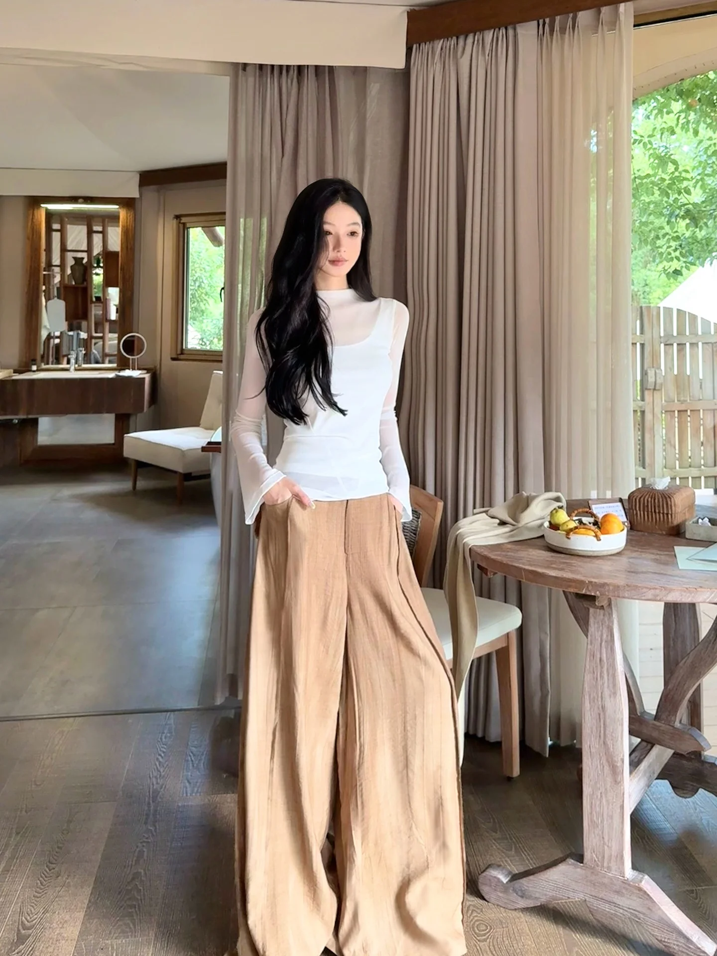 

High Waist Wide Leg Pants Women's ALIN Linen Heavy Du Dra Floor Length Pants Casual Pants for Ladies