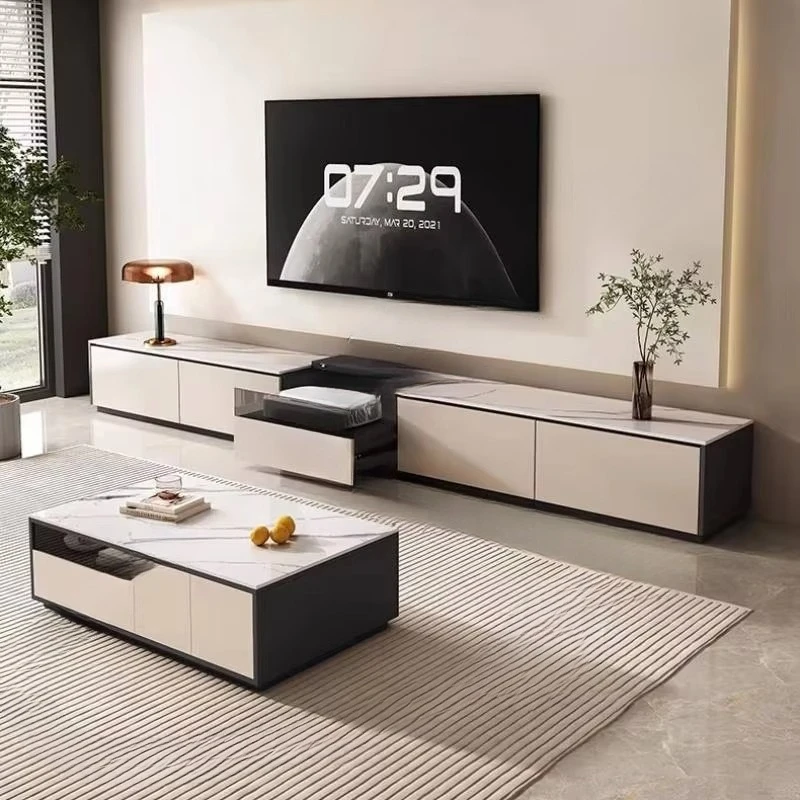 Rock slab laser floor TV cabinet coffee table light luxury modern simple special telescopic table low cabinet