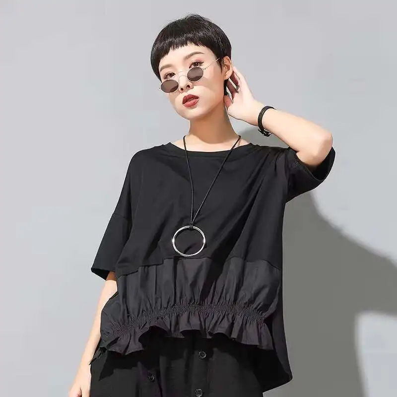 Women's Short Sleeve Summer New Personalized Hem Elastic Waist Front Short Back Long Casual Short Sleeve T-Shirt