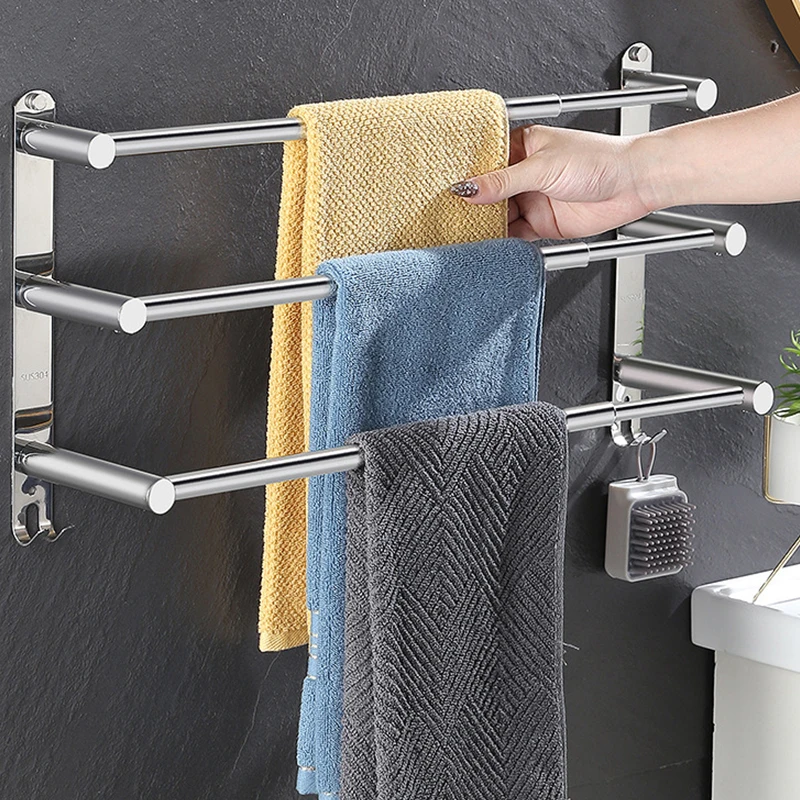 

Space Aluminum Bathroom Towel rack Without Drilling Self-adhesive Double rod Towel Bar Shower Towel Holder Bathroom Organizer