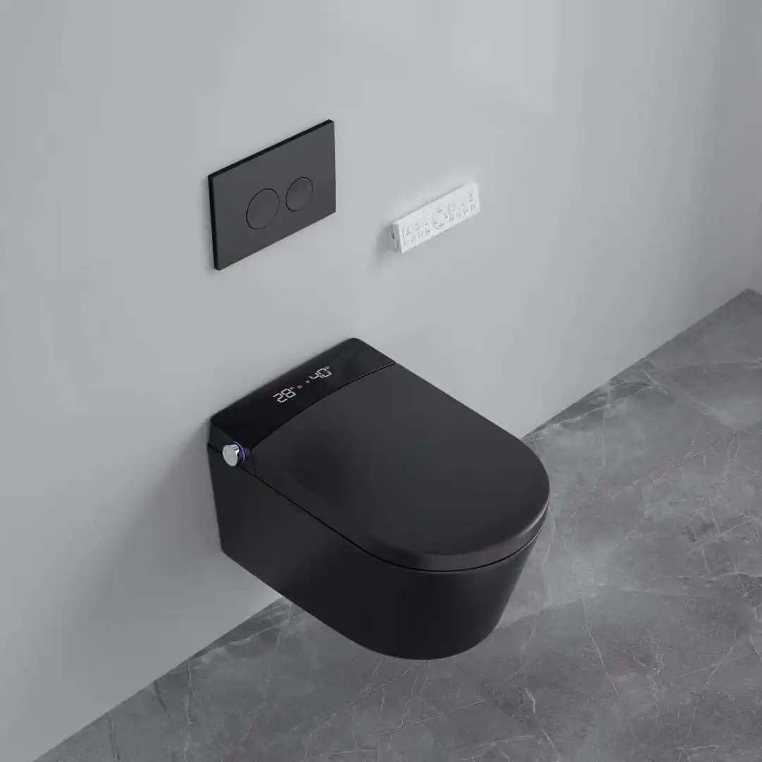 Auto Open Western Wall-Hung Toilet Black Smart 110V/220V Remote Control Automatic Flushing Elongated Washroom Accessory Included