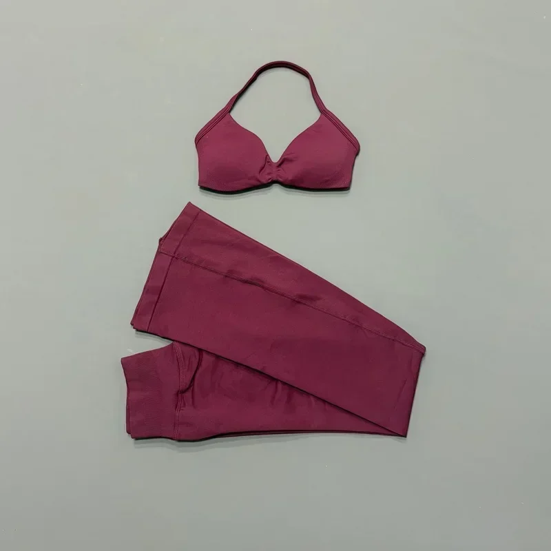 2-teiliges Nahtloses Neckholder-Sport-BH-Set mit Rückenausschnitt und Polsterung, Weiche Weitbeinige Hüftliftende Yoga-Hose, Figurbetontes Fitness-Workout-Set – Detail 12