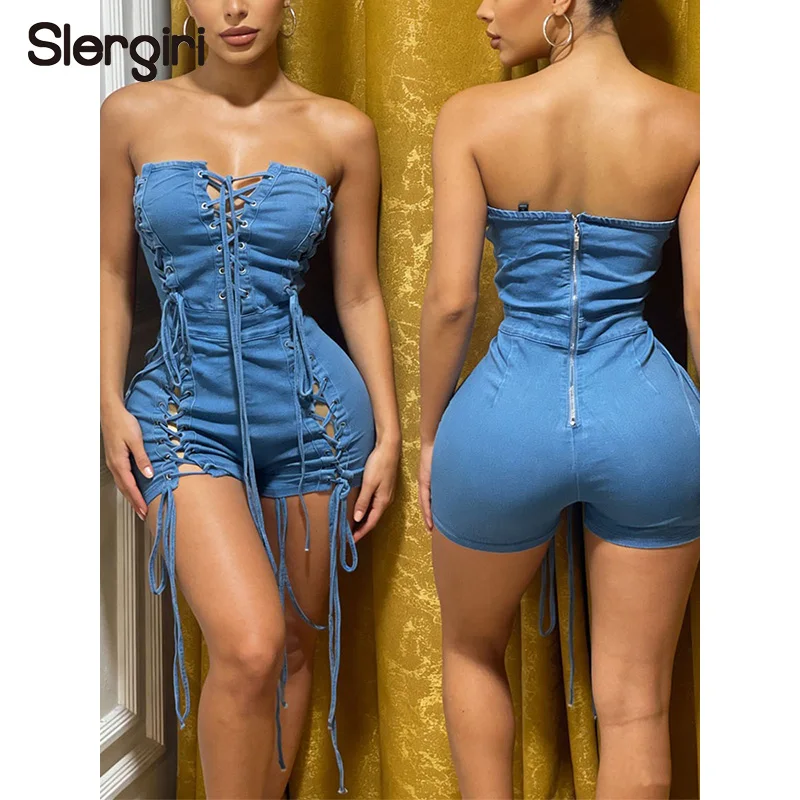 

Slergiri Sexy Lace Up Denim Jumpsuit Romper Women Fashion New 2026 Summer Club Party Backless Zipper Strapless Jean Shorts