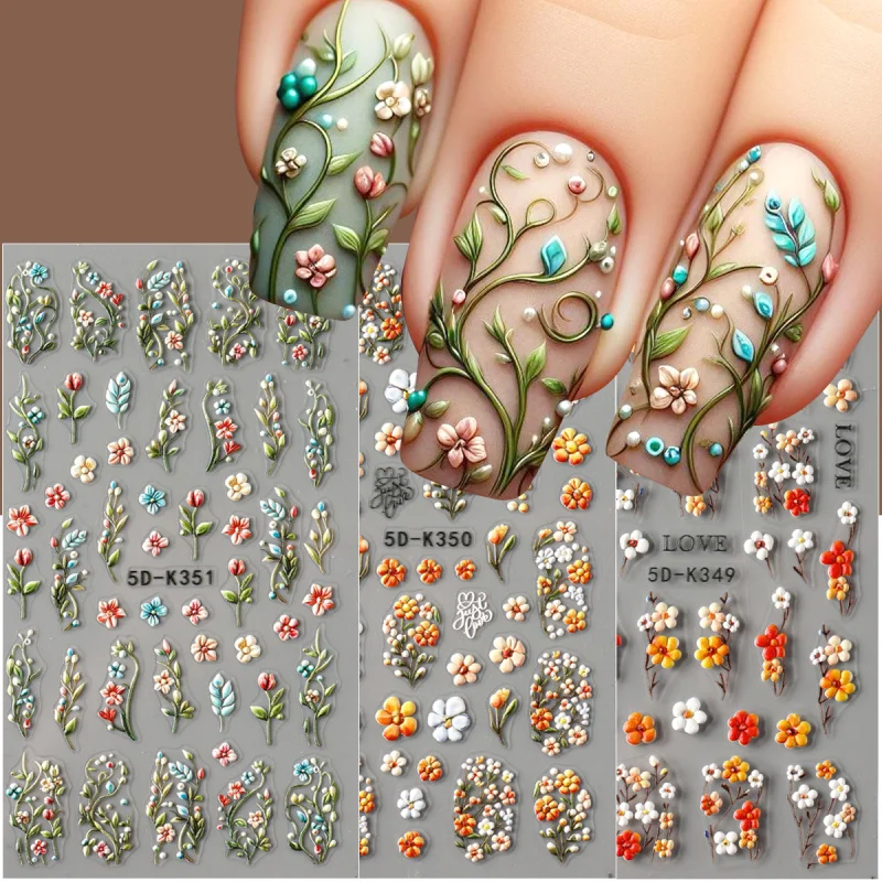 Autocollants pour ongles en relief marguerite 5D, motifs floraux frais de printemps, décalcomanies auto-adhésives en acrylique à cinq pétales, décorations pour Nail Art