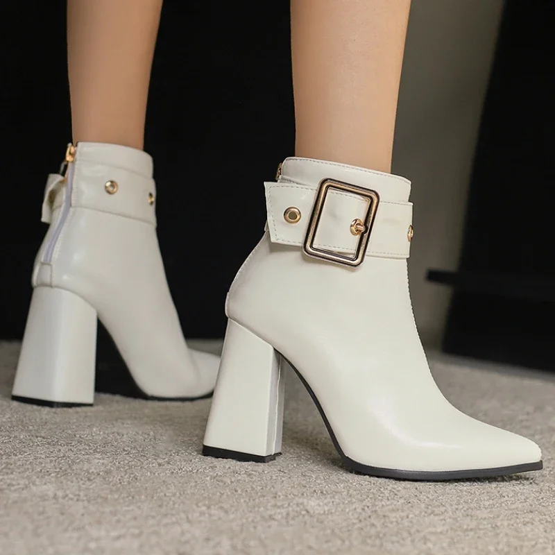 

Elegant Ankle Boots for Women Black Brown White Short Boot Block Heels Buckle Dance Party Shoes Lady Big Size 50 New 2026 Winter