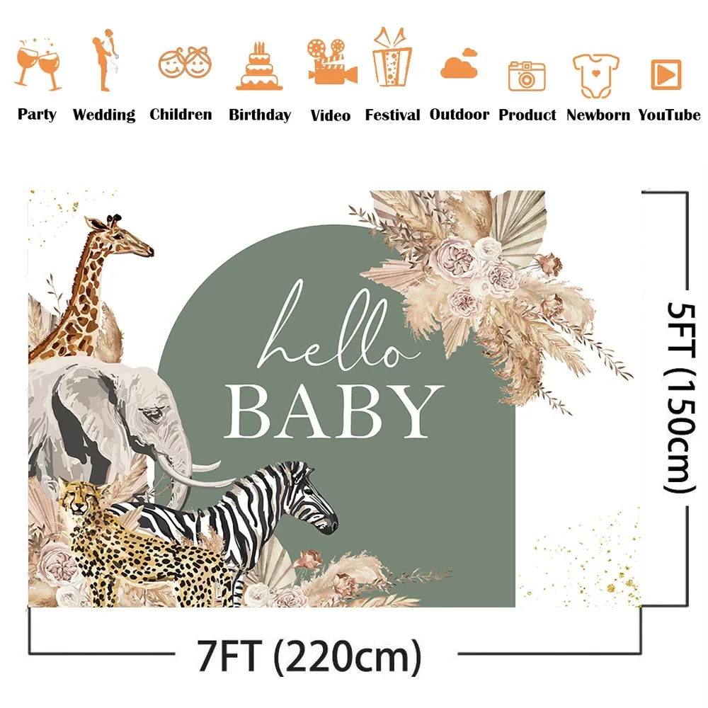Hallo baby shower achtergrond Safari Jungle dieren foto achtergrond pasgeboren kinderen geslacht onthullen thema feestdecoratie Pampas gras