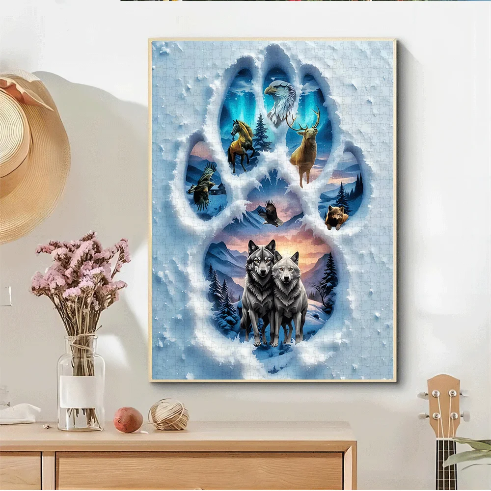 1000pcs Wolf and Horse Puzzle - Large Winter Scene with Snowy Mountain Peaks, Wolves, Deer - Challenging Jigsaw for Adults & F