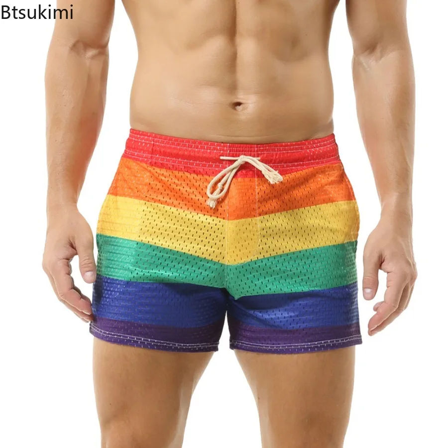 2026 Men's Summer Fashion Colorful Striped Shorts Casual Loose Drawstring Breathable Shorts for Men Vintage Lace-up Beach Shorts