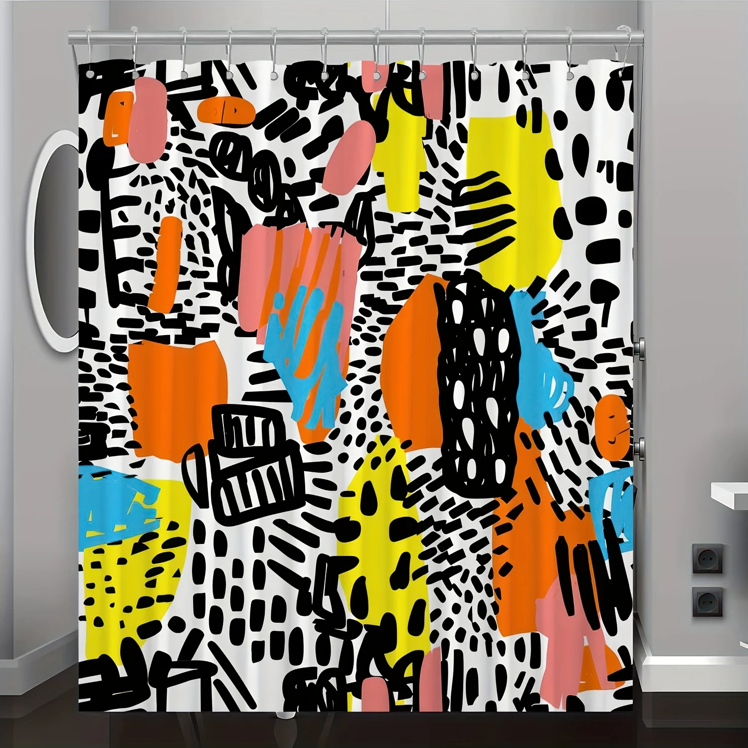 

1pc Spring & Summer Abstract Art Graffiti Pattern Digital Print Shower Curtain, Bathroom Decoration Home Decor, Comes with Hooks
