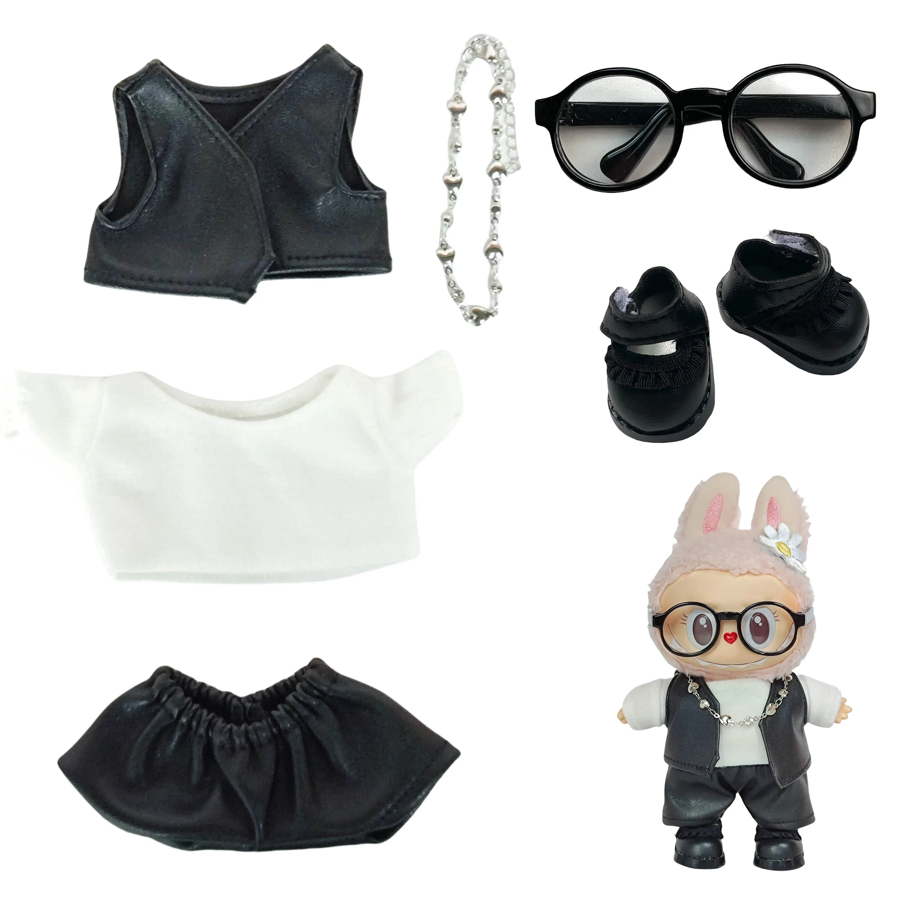 

Clothes for Labubu 17cm Blind Box Keychain Outfit – Black Leather Vest Style 4-Piece Set