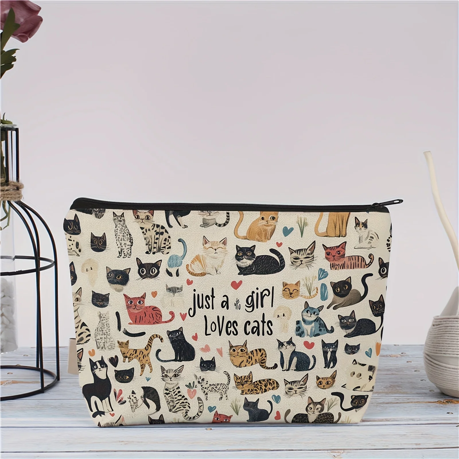 Schicke Kosmetiktasche mit Vintage-Katzenmuster, leichte Make-up-Tasche für Damen und Herren, Münzgeldbörse, Aufbewahrungstasche, Federmäppchen mit Reißverschluss – Detail 7