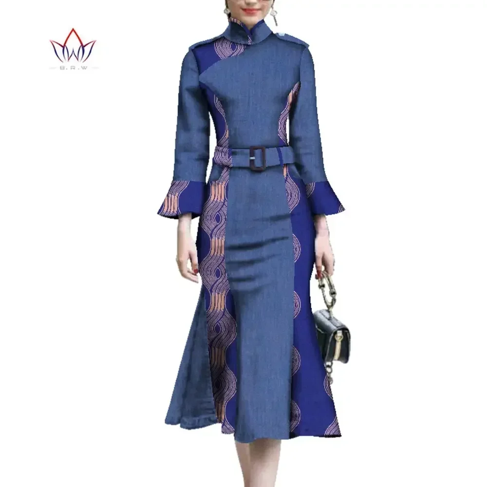 African Dresses for Women Dashiki  Patchwork Dress with Belt Private Custom Lantarn Sleeve Traditional Clothing WY3679