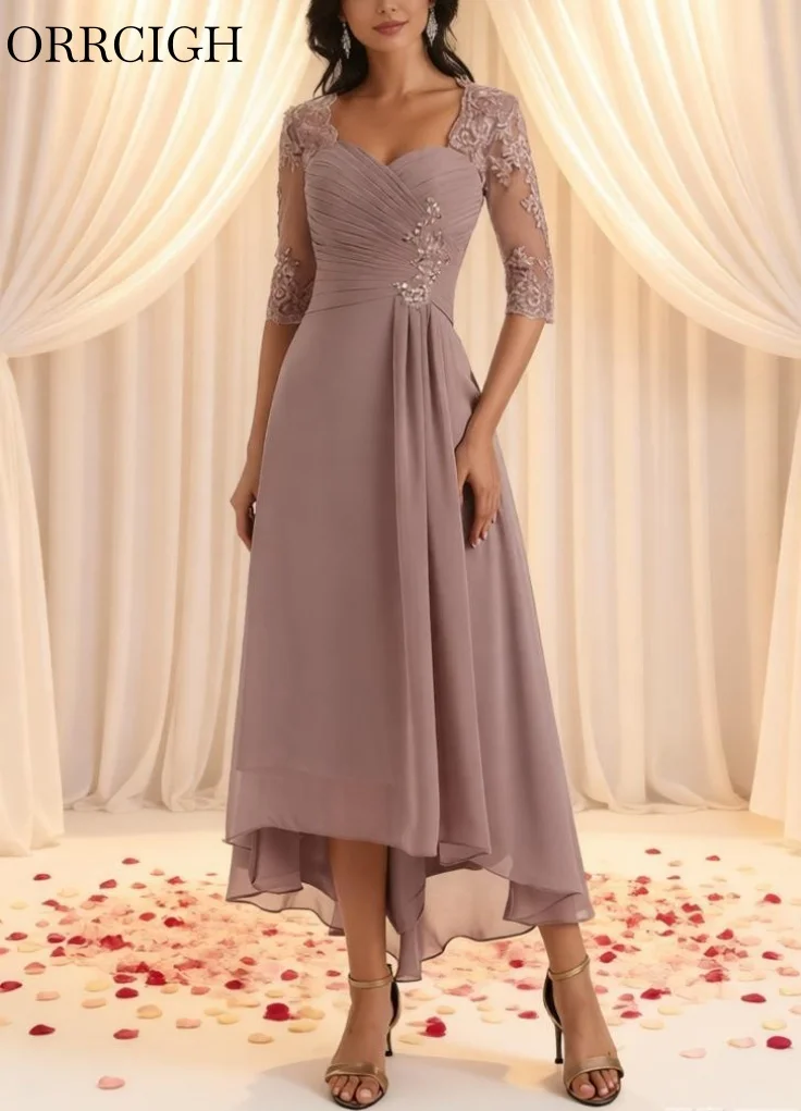 Tea Length Mother of the Bride Dresses with Sleeves Lace Applique Chiffon Formal Evening Dress Corset A Line Grandmother Gown
