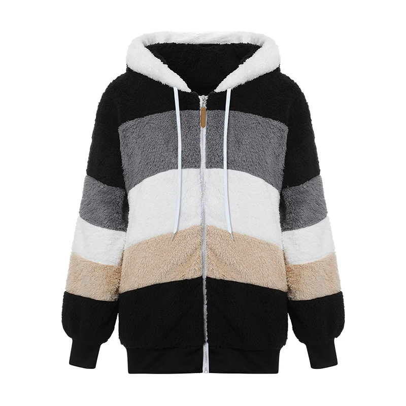 Women Contrast Color Hooded Coat Long Sleeve Zip-up Plush Tops for Spring Autumn