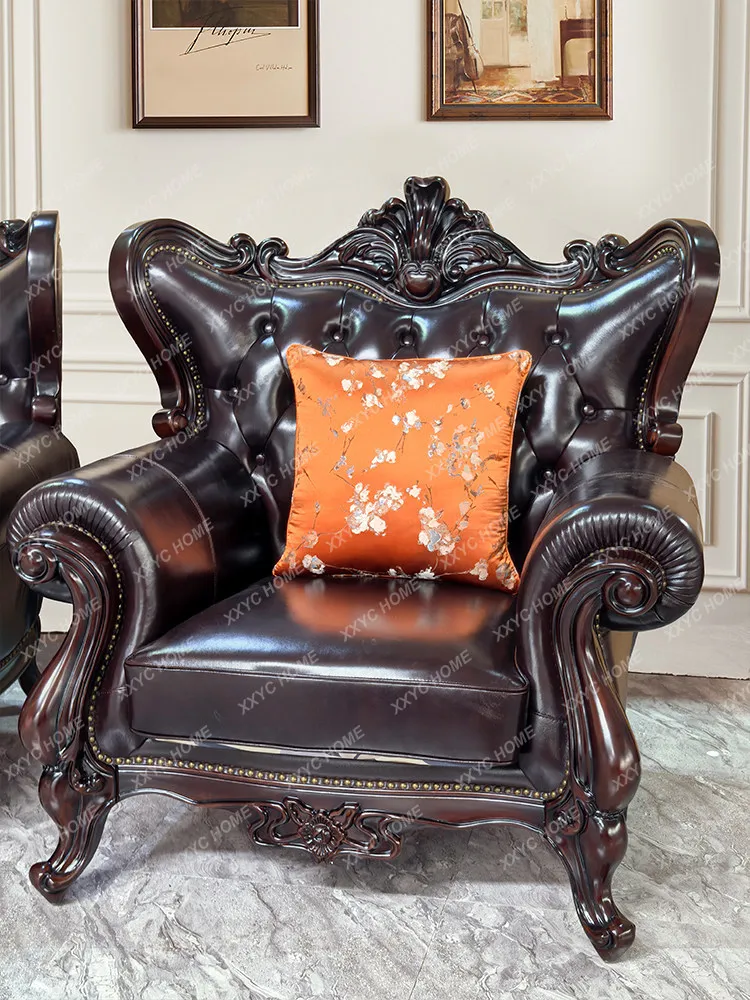Retro sofa solid wood first layer cowhide living room sofa villa combination leather sofa