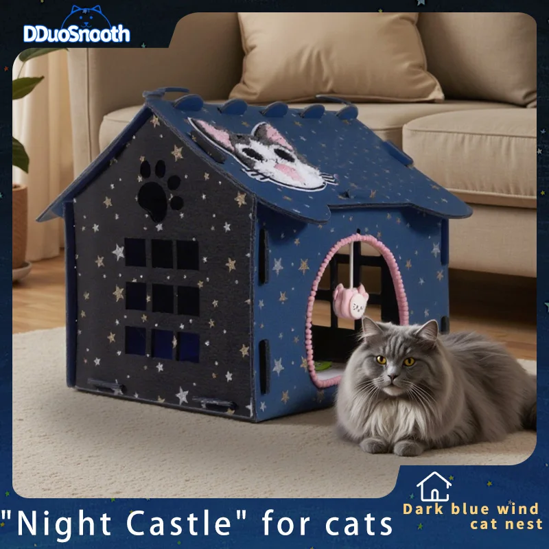 

Deep Blue Starlight Cat Villa, Easy Clean Removable Semi-sealed Cat Bed, Universal Cat House,Suitable All Seasons