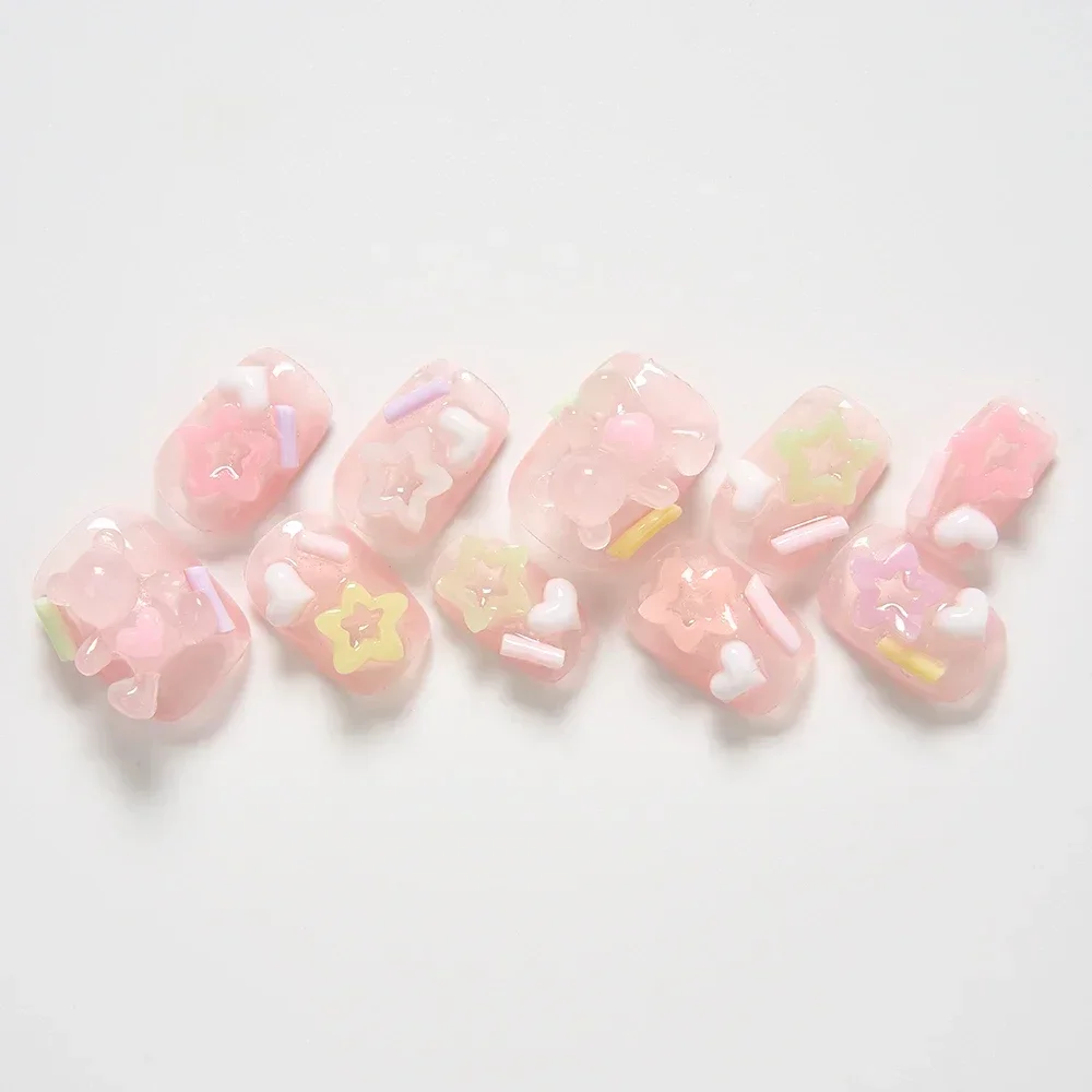 10Pcs Pink Cute Bear Design Press on Nails Short Square Handmade Fake Nails with Glue Reusable Full Cover False Nails Tips