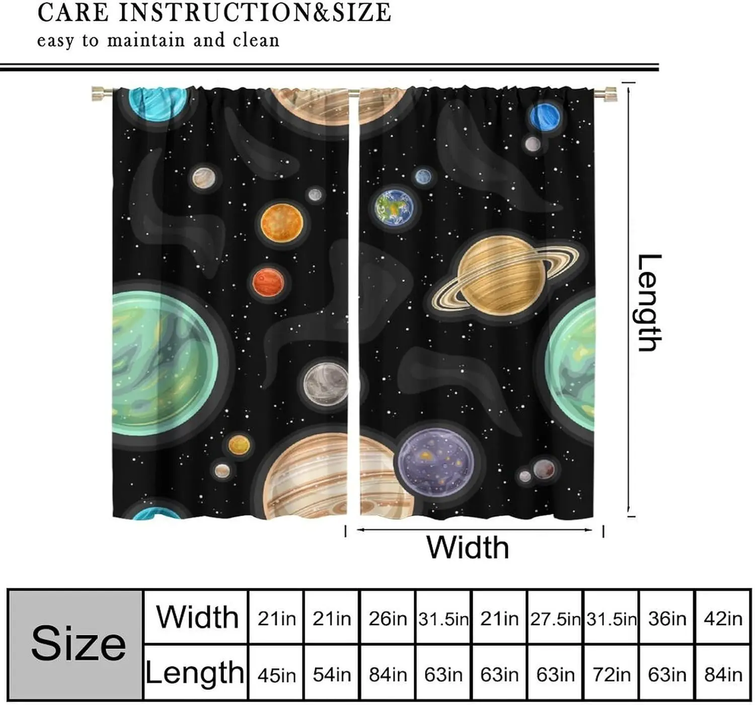 Galaxy Planet Space Curtains, Outer Space Universe Art Print,Window Drapes, Decor for Kids Boys Bedroom Living Room Kitchen