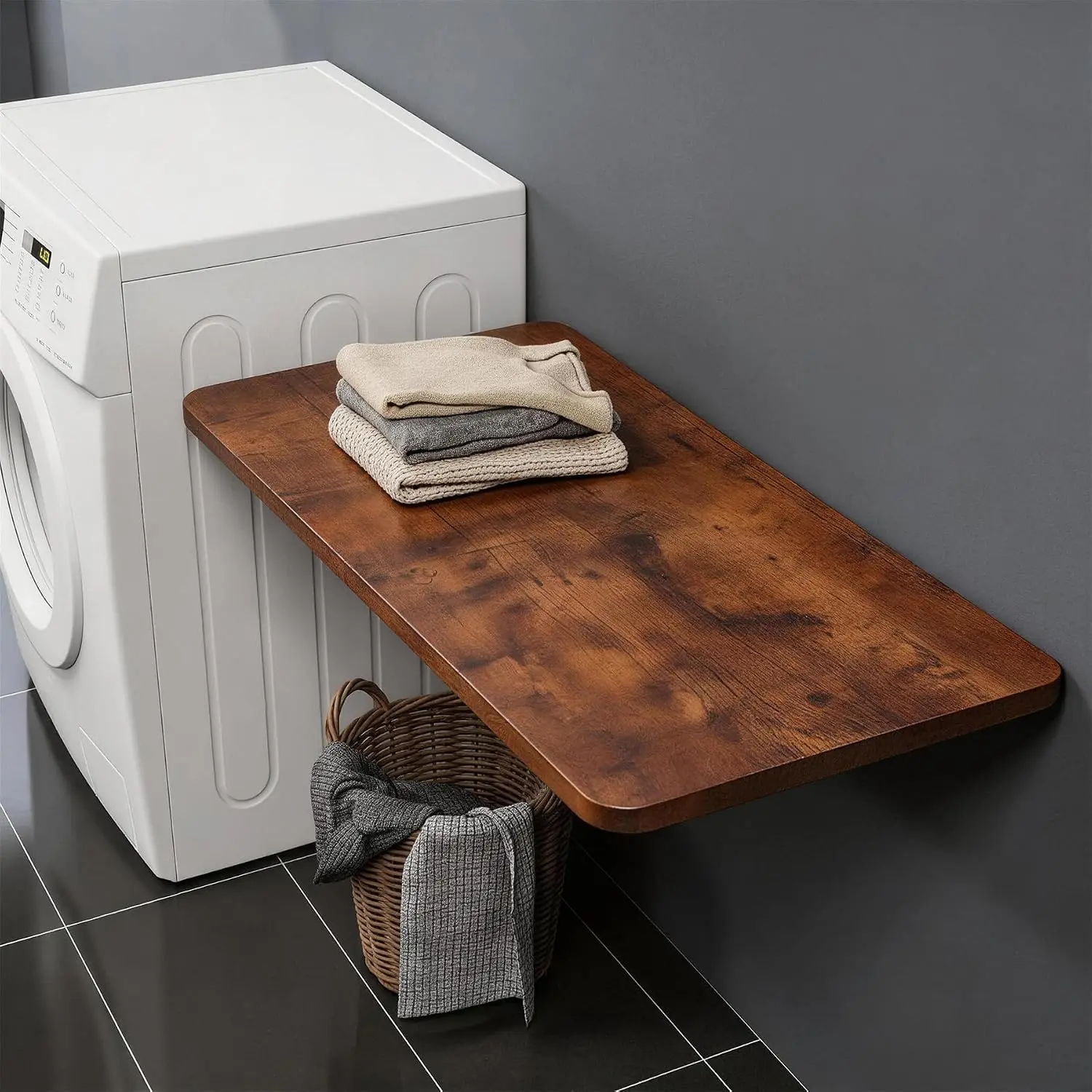 Wall Mounted Folding Table 39.4”L x 19.7”W, Brown | Laundry Folding Table with Heavy Duty Metal Collapsible Shelf Brackets, Wall
