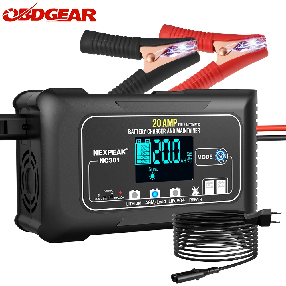 NEXPEAK NC301 Car Tools Auto Battery Charger 6V 12V 24V 20A for Motorcycle Lead Acid AGM Lithium LiFePo4 Car Battery Charger