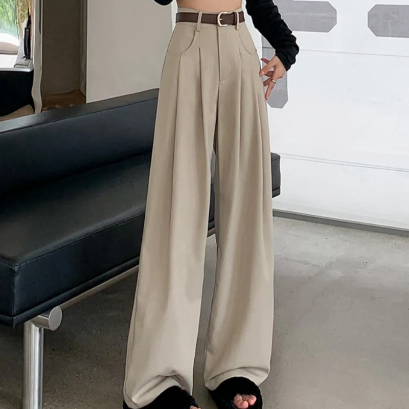 

Retro Women 's Casual Pants 2025 Spring Summer New High Waist Wide Leg Suit Pants Straight Full Length Draped Office Lady Pants