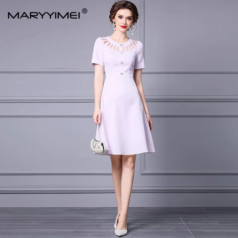 MARYYIMEI Fashion Summer Purple/Black/Pink Women's Dress Short Sleeve Hollow Out Button Elegant A-Line Dresses