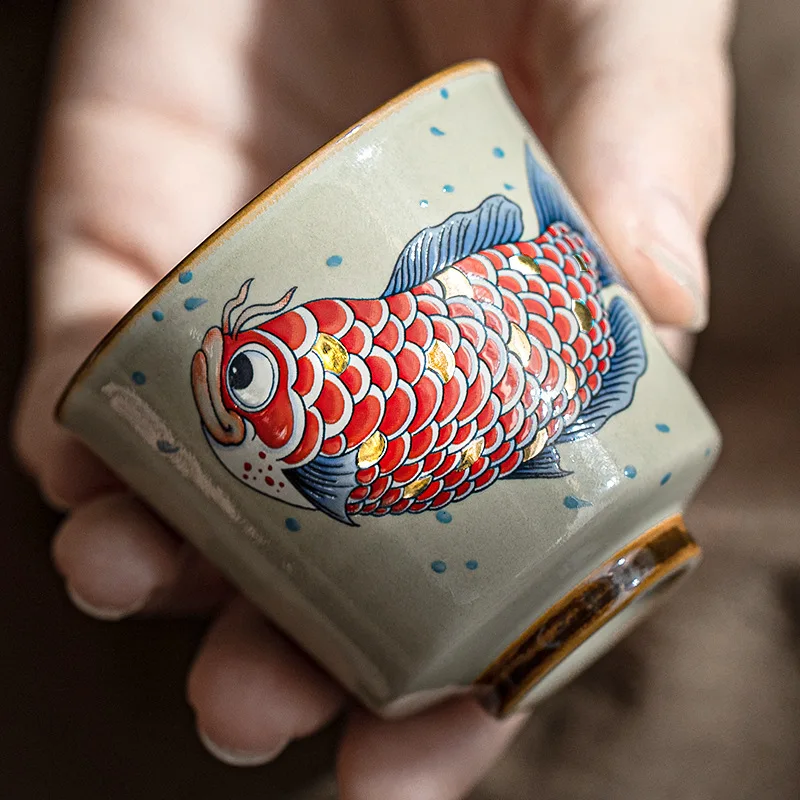 Taza de té pequeña arowana de salón completo dorado y jade, taza maestra de cerámica para el hogar, taza individual para degustación de té, juego de té kung fu, caja de regalo