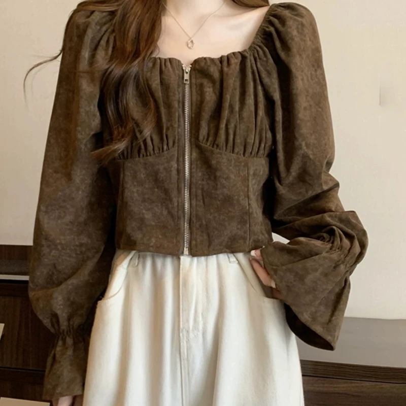 

Female Chic Fashionable Tops French-style High-grade Long-sleeve Shirt Trendy Puff-sleeve Square-collar Top for Women