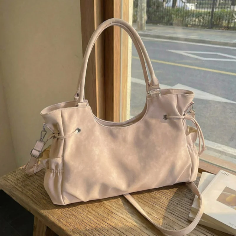 

Korean Soft Leather Tote Bag Large Capacity Drawstring Side Design Women Shoulder Bag With Detachable Crossbody Strap For Commut