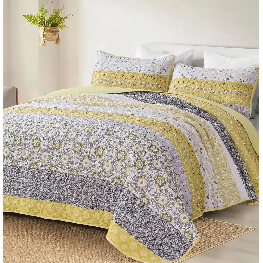 

Комплект постельного белья в стиле бохо, размер Full Size, желтое богемное полосатое покрывало с лоскутным узором и 2 наволочками, легкое, из микрофибры.