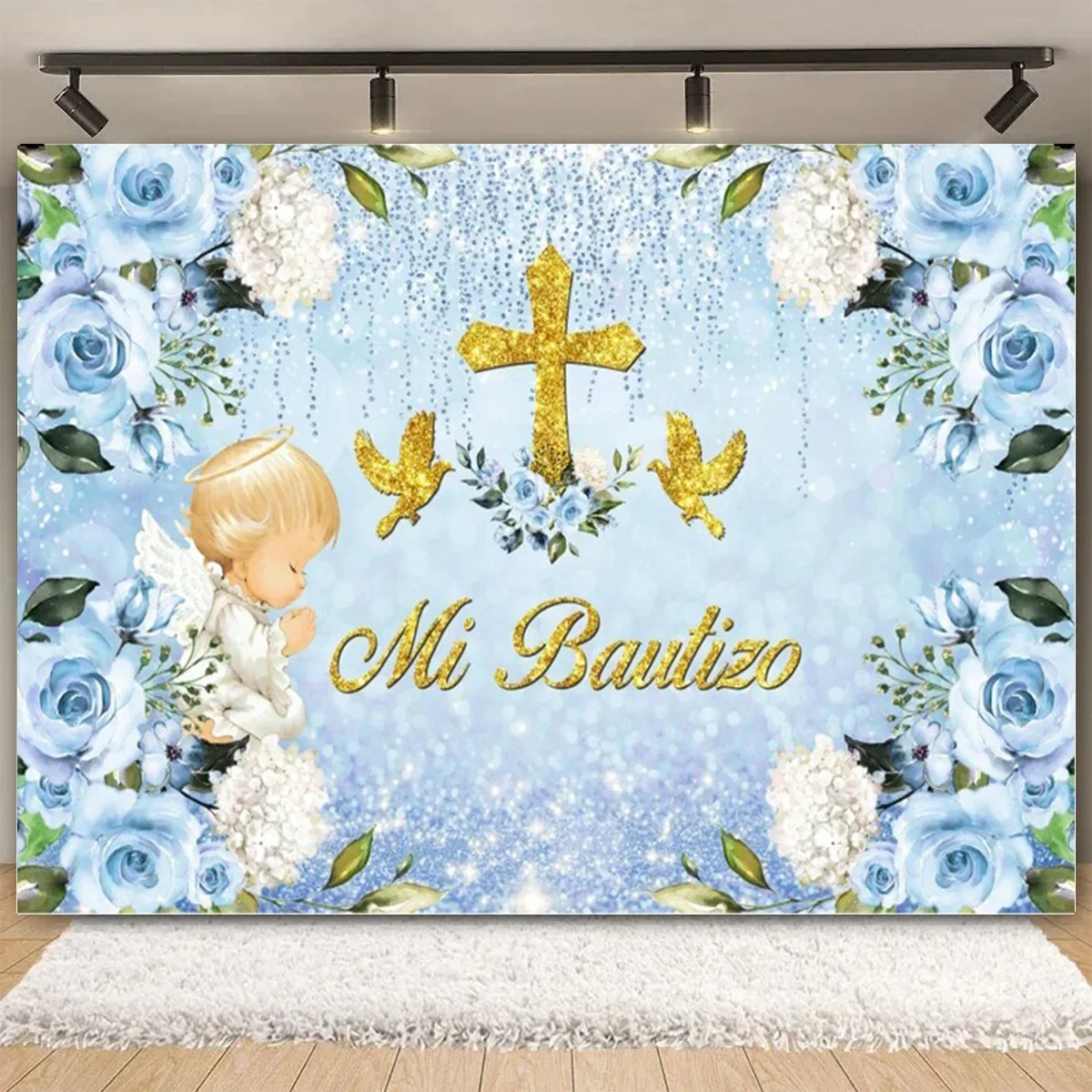 Mi Bautizo Birthday Party Backdrop Background Baptism Cross Dove Angel Boy Floral Greenery Gold Glitter Decor Photo Booth Props
