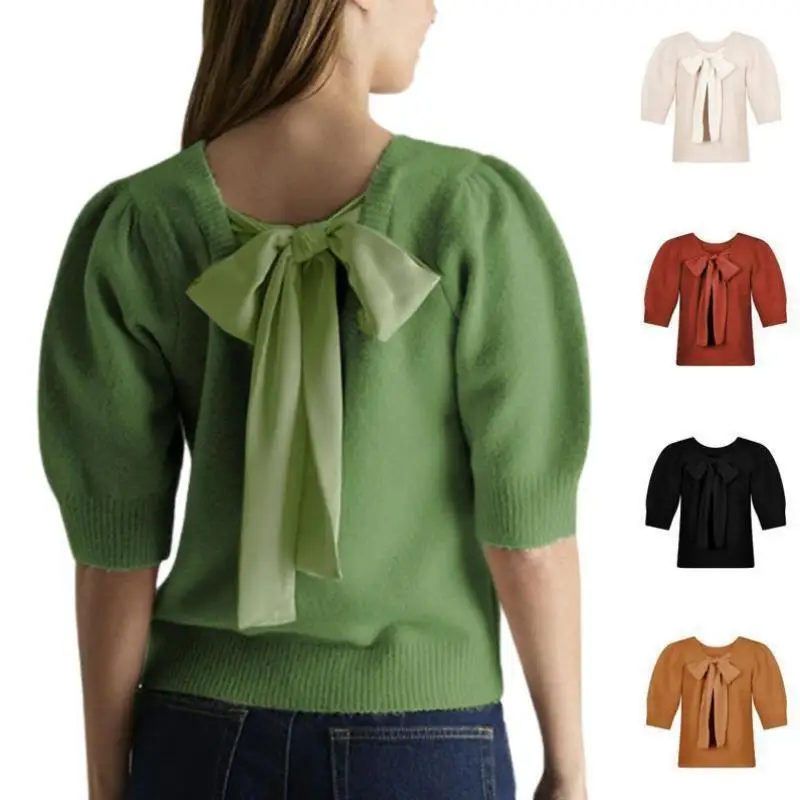 

Casual Knot Knitted Sweater Women's Puffy ort Ci Walk Coolmax Fiber Nine Point Sve Collar Deformable