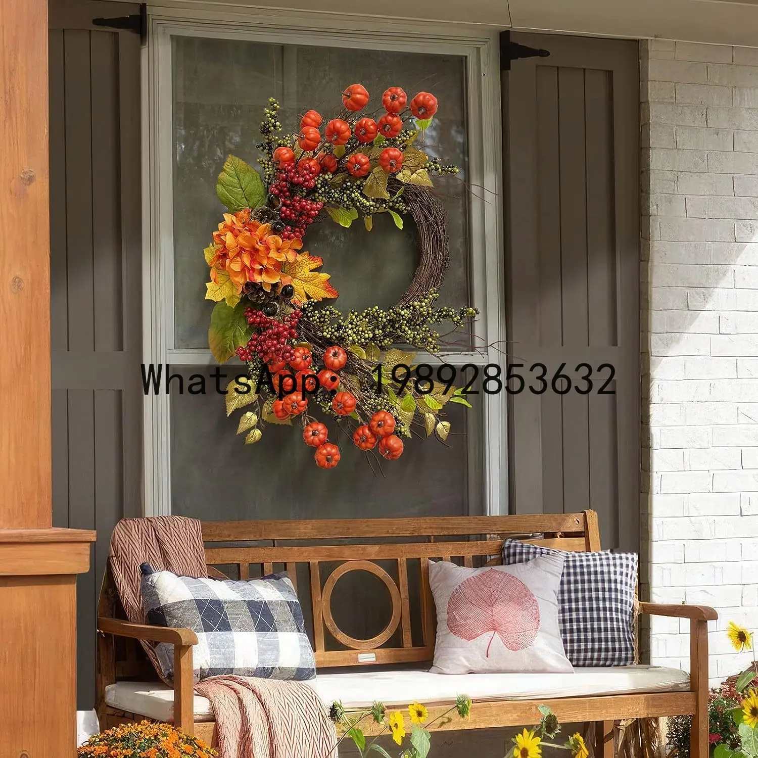 ZK Autumn Wreath Thanksgiving Door Hanging Harvest Festival Wreath Halloween Pumpkin Maple Leaf Decoration