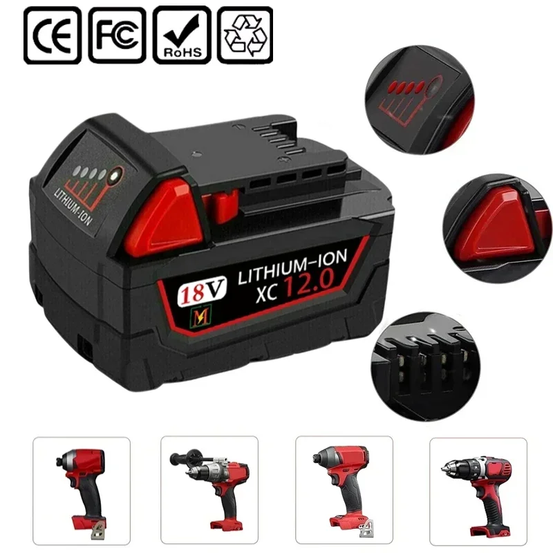 

18V Power Tool Battery 12Ah For Milwaukee Battery M18 XC Li-ion 48-11-1860 48-11-1852 48-11-1850 48-11-1840 48-11-1820 replace