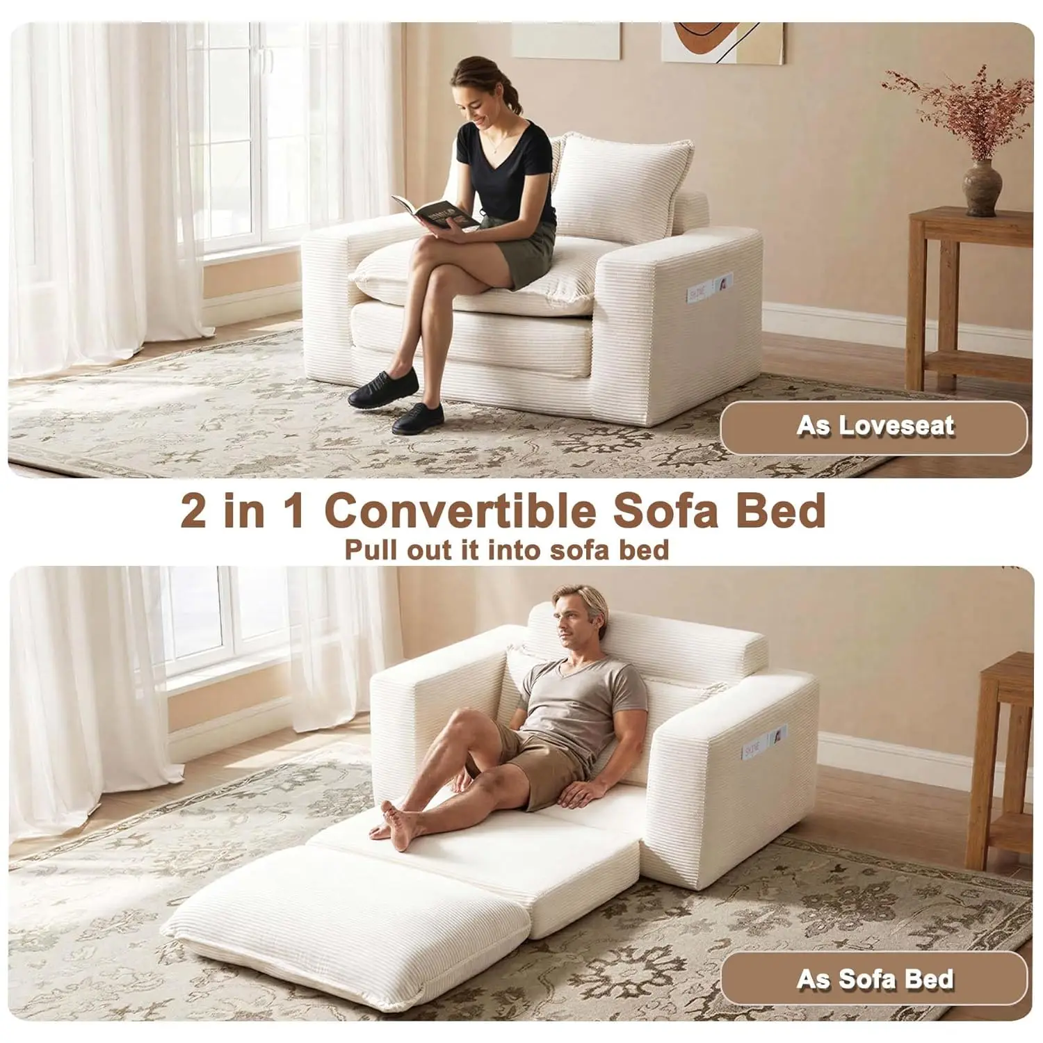 Customized 2 in 1 Convertible 56 Inch Corduroy Pull Out Loveseat Sleeper Sofa Bed Folding Boneless Floor Sofa With Pillows